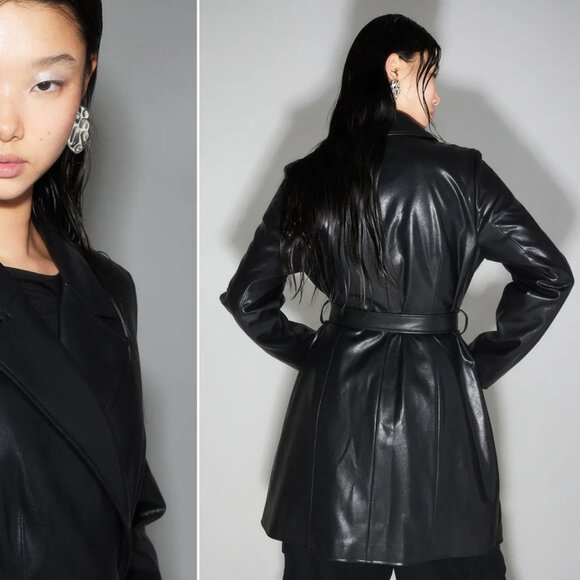 BNWT Premium H&M Vegan Leather Rain Shiny Sexy Trench Coat Black XXS - Picture 4 of 10